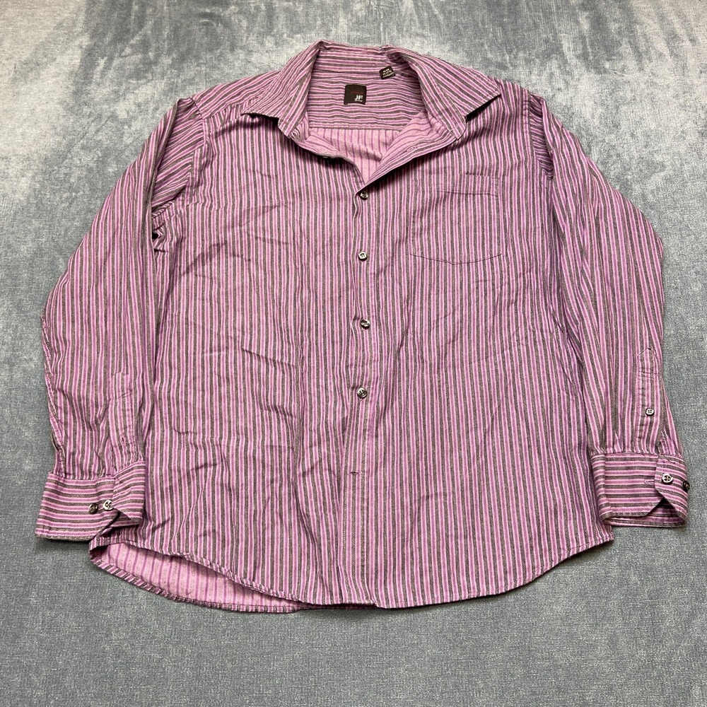 JF J. Ferrar Dress Shirt Mens XL 17-17.5 Purple Black Striped Cotton Button Up
